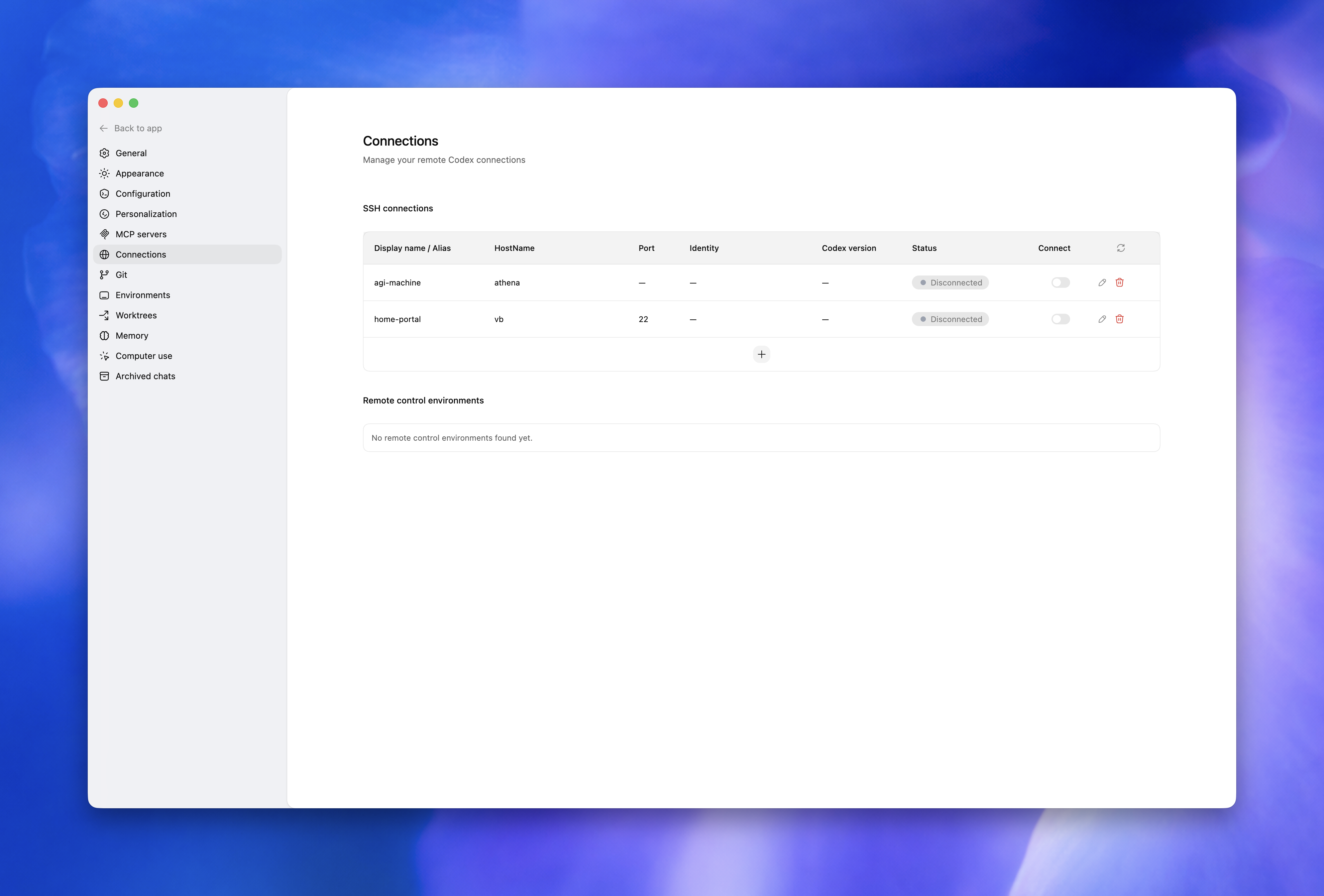 Codex app settings showing SSH remote connections