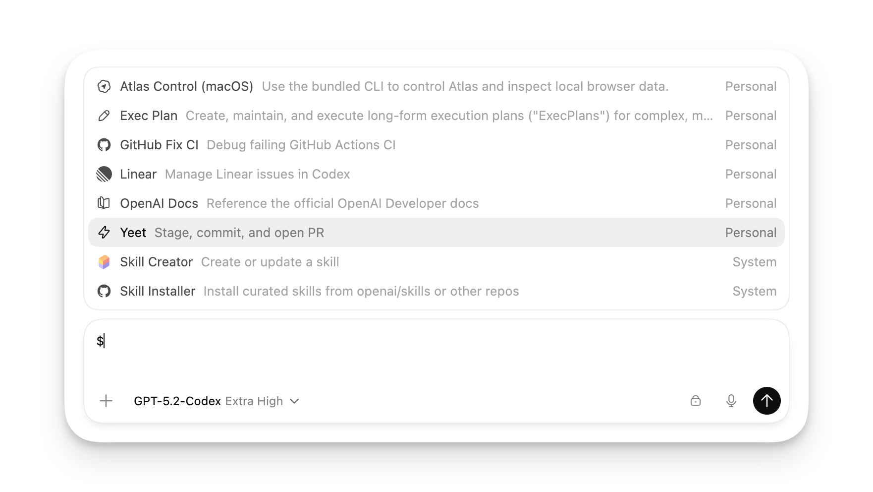 Skills picker showing available skills in the Codex app