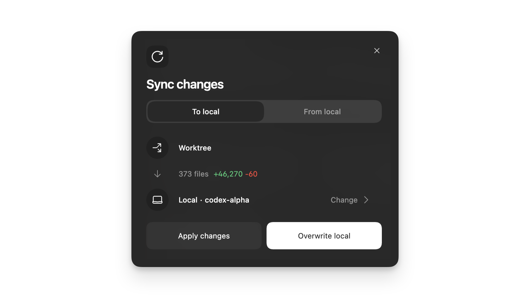 Sync worktree dialog with options to apply or pull changes