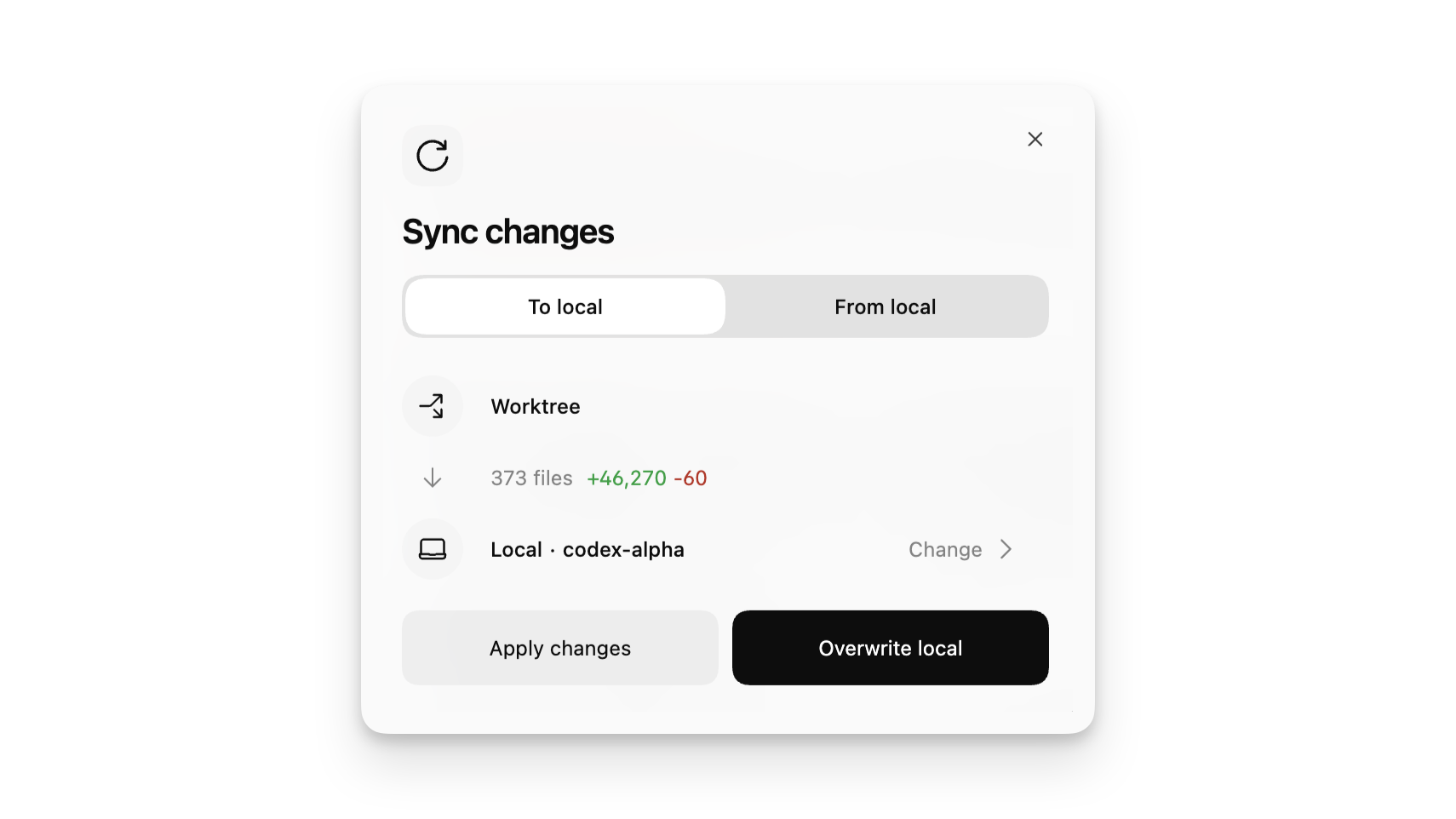 Sync worktree dialog with options to apply or pull changes
