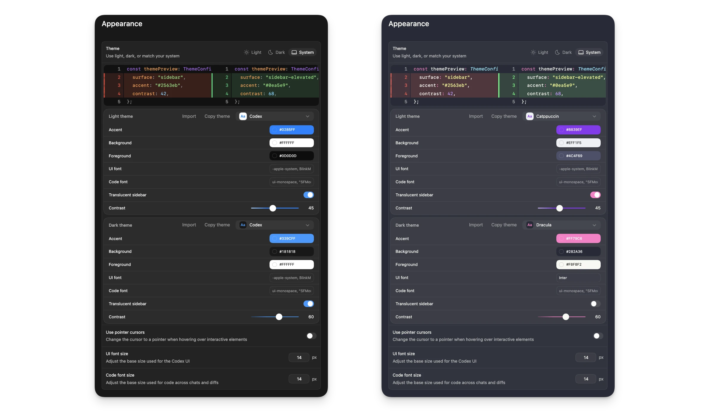 Codex app Appearance settings showing theme selection, color controls, and font options