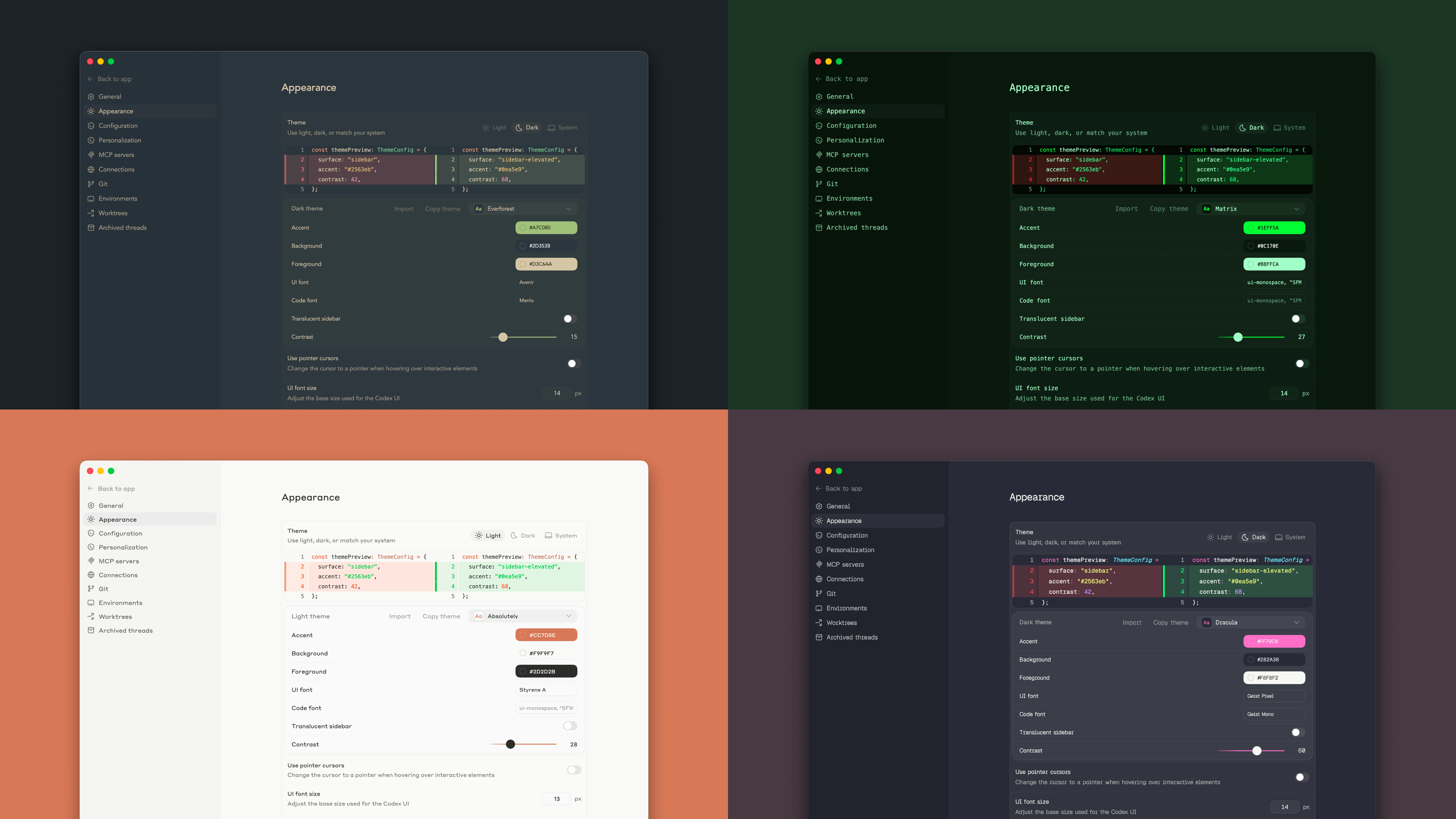 Codex app theme settings showing custom themes, color controls, and font settings