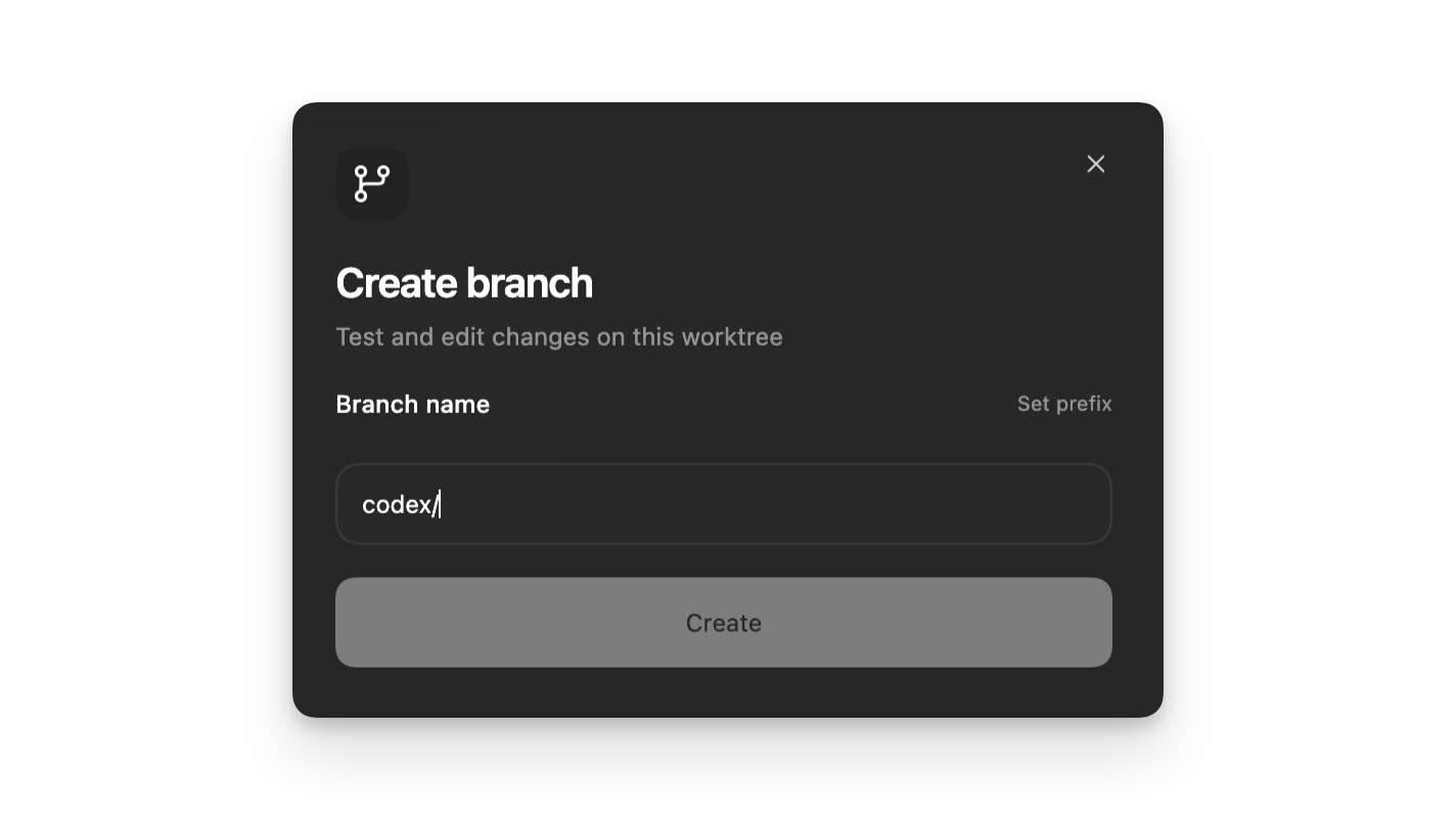 Worktree thread view showing branch actions and worktree details