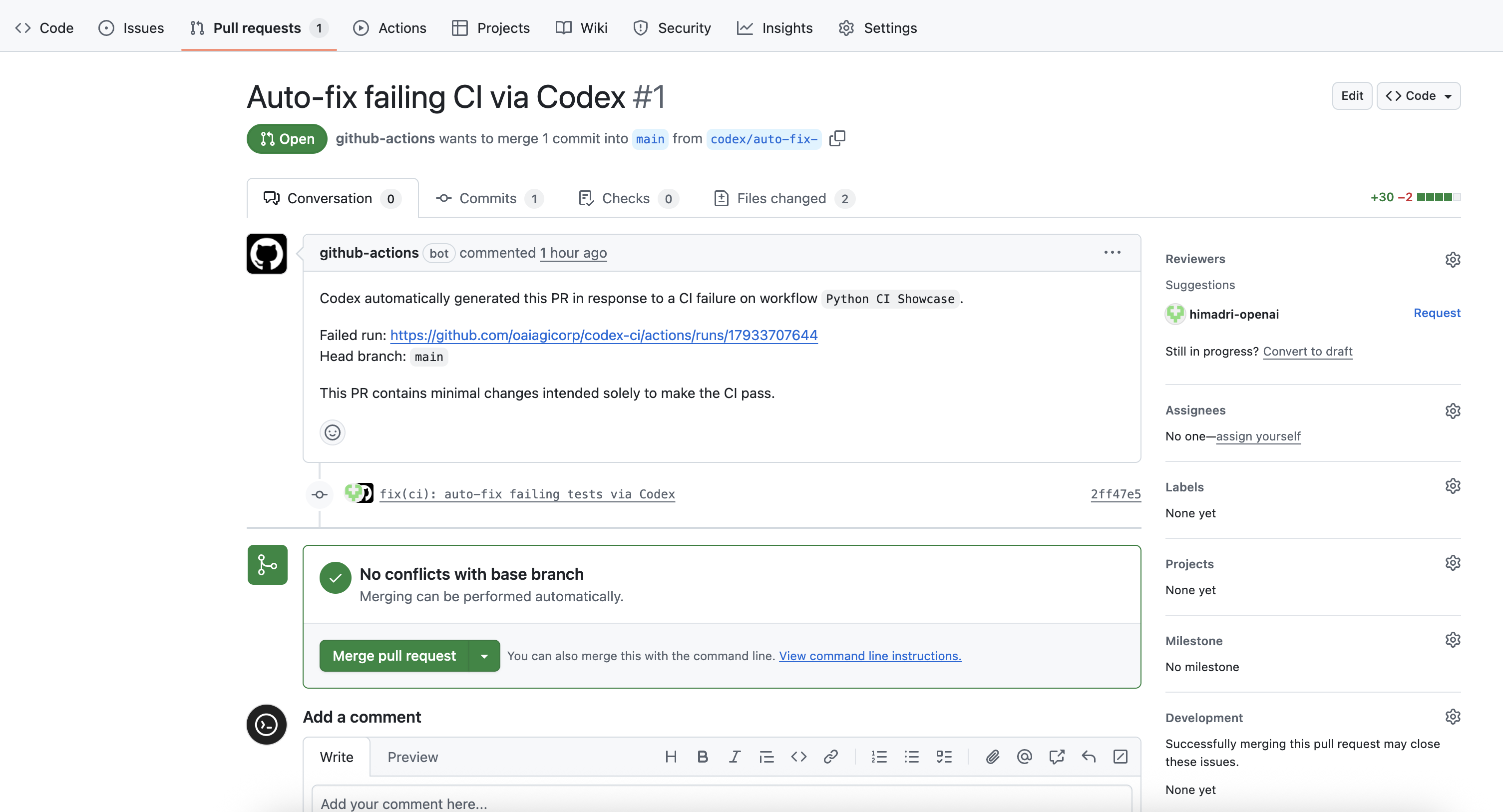 Screenshot of a pull request opened by the Codex autofix workflow.