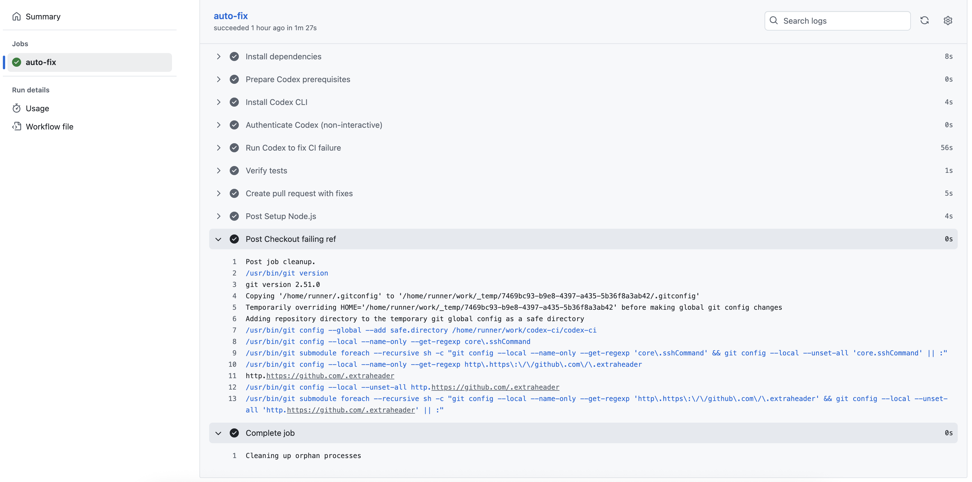 Screenshot of the Codex autofix workflow execution in GitHub Actions.