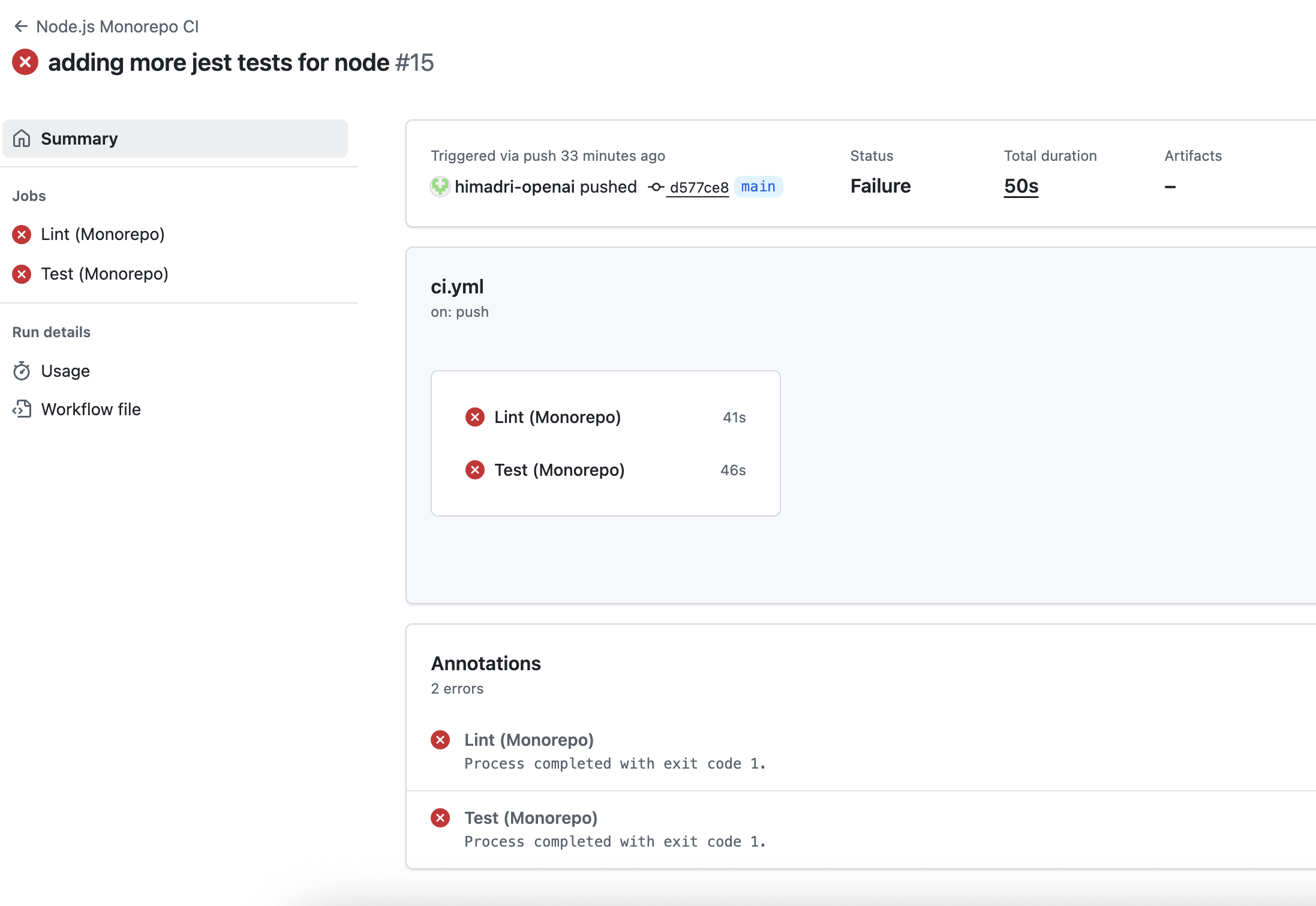 Screenshot of a failing GitHub Actions workflow that will trigger the Codex autofix job.