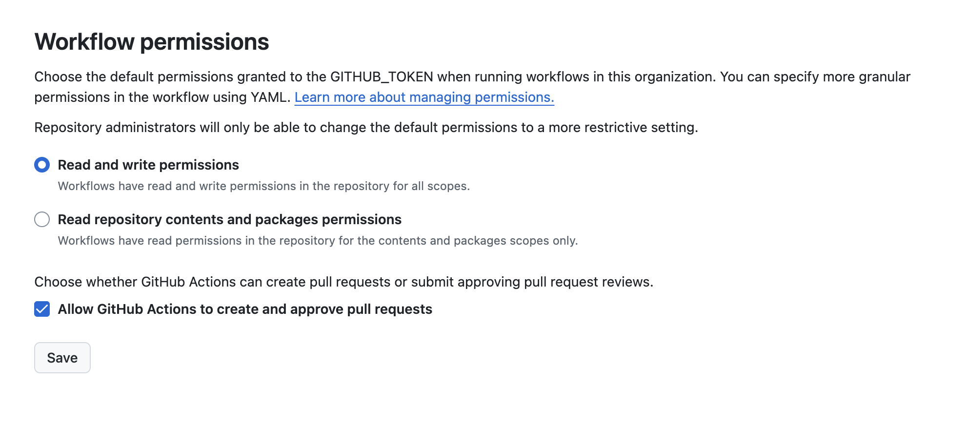 Screenshot of the GitHub pull request permission toggle required for Codex autofix workflows.