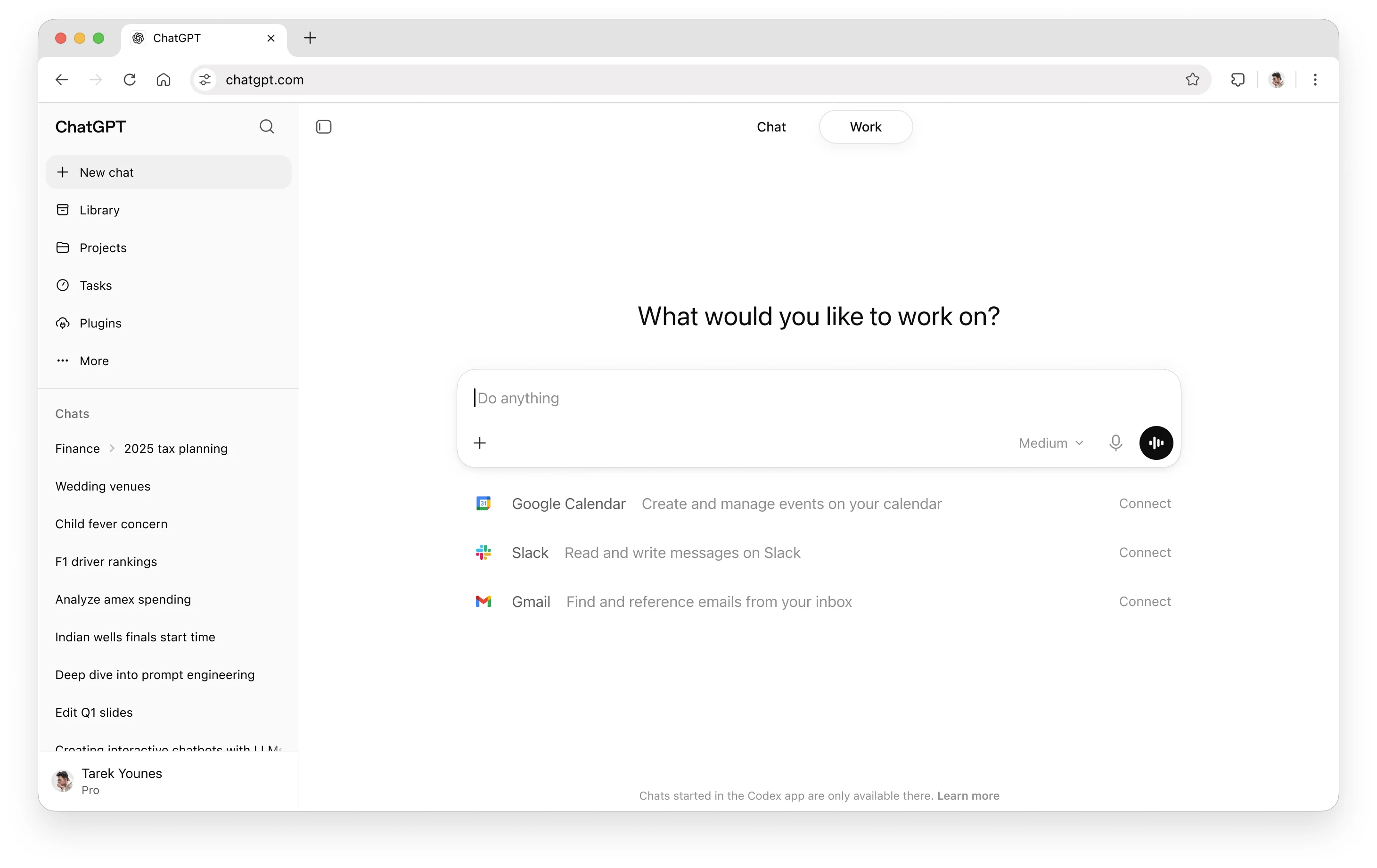 ChatGPT Work selected in ChatGPT on the web with connected app options
