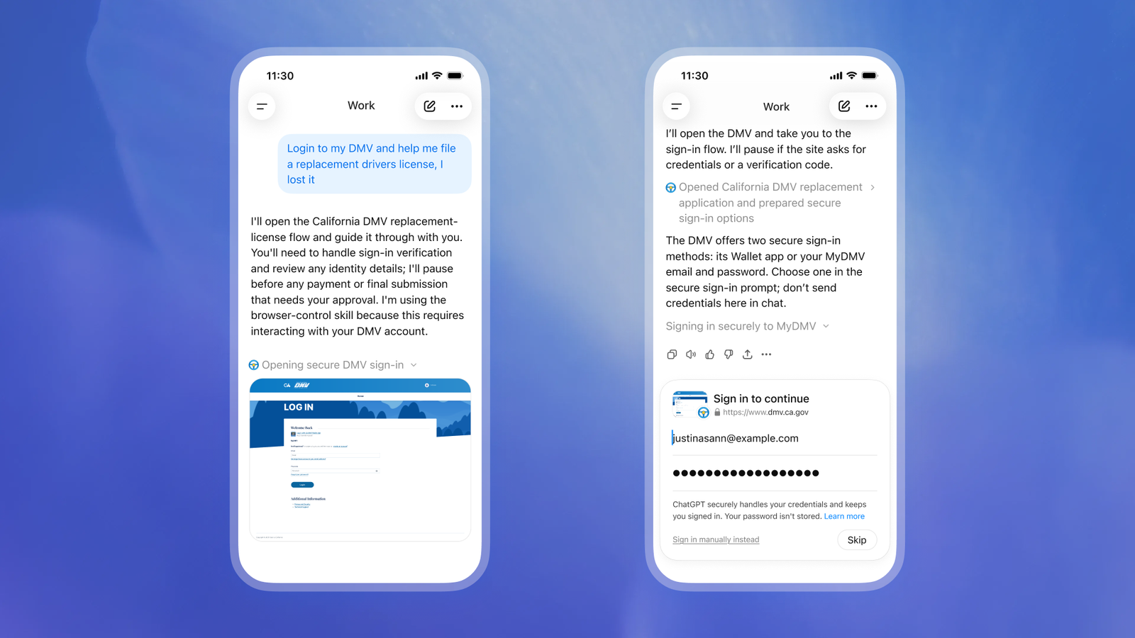 iOS 上的 ChatGPT Work 暂停 DMV 任务并显示安全登录表单,表单中可见网站地址,密码则以掩码显示。