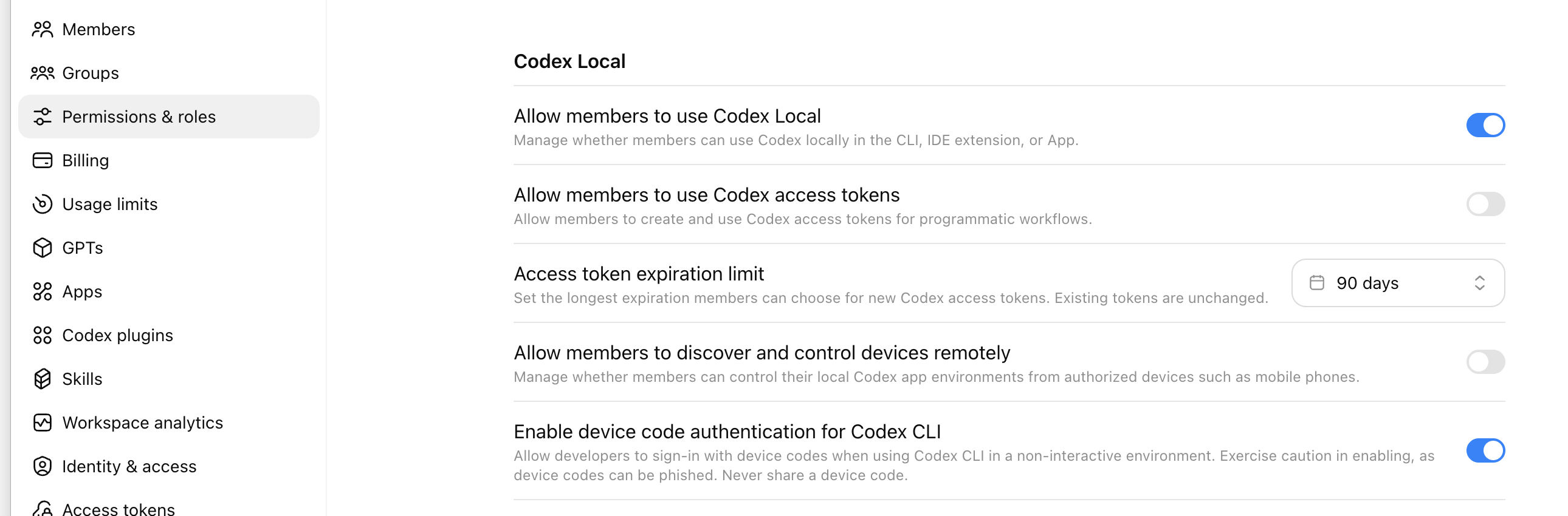 Access token expiration limit in ChatGPT workspace permissions settings