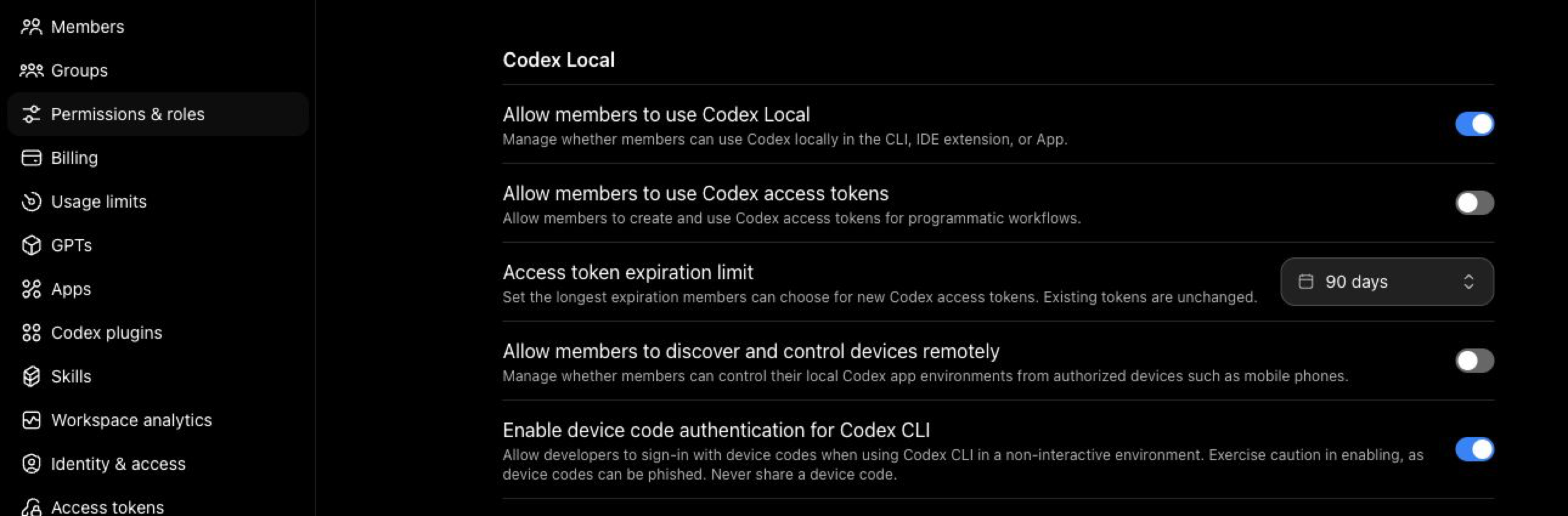 Access token expiration limit in ChatGPT workspace permissions settings