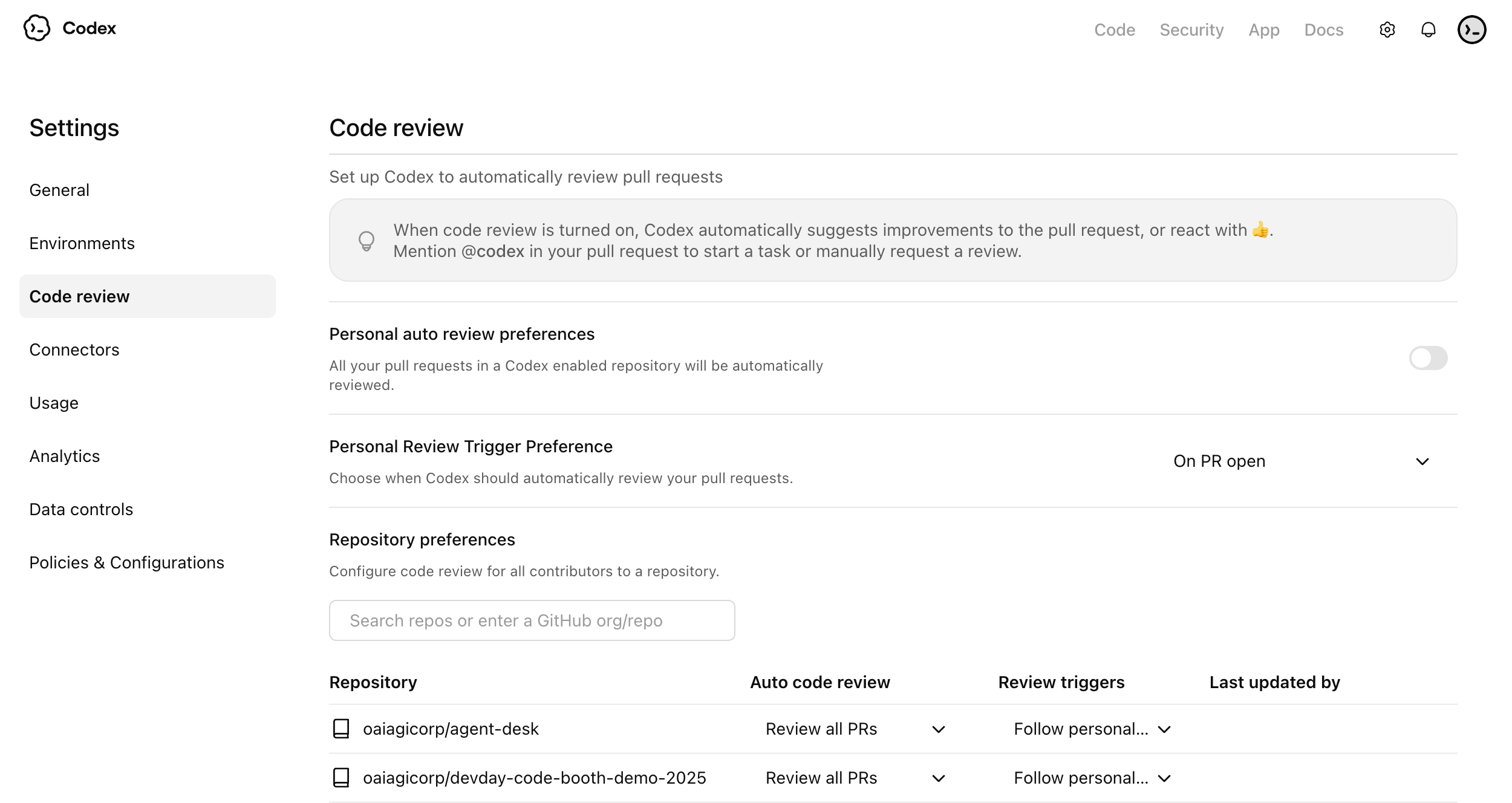 Code review settings overview