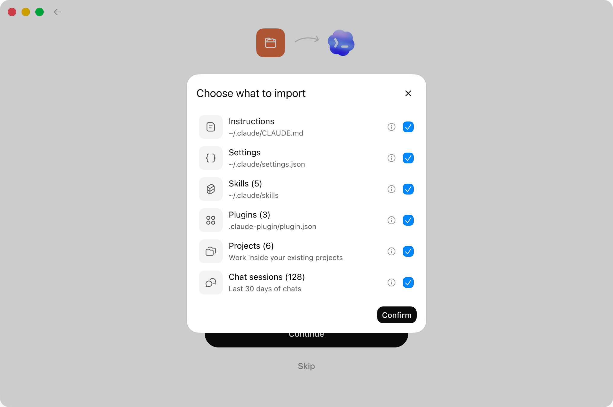 Choose the instructions, settings, skills, plugins, projects, and chats to import