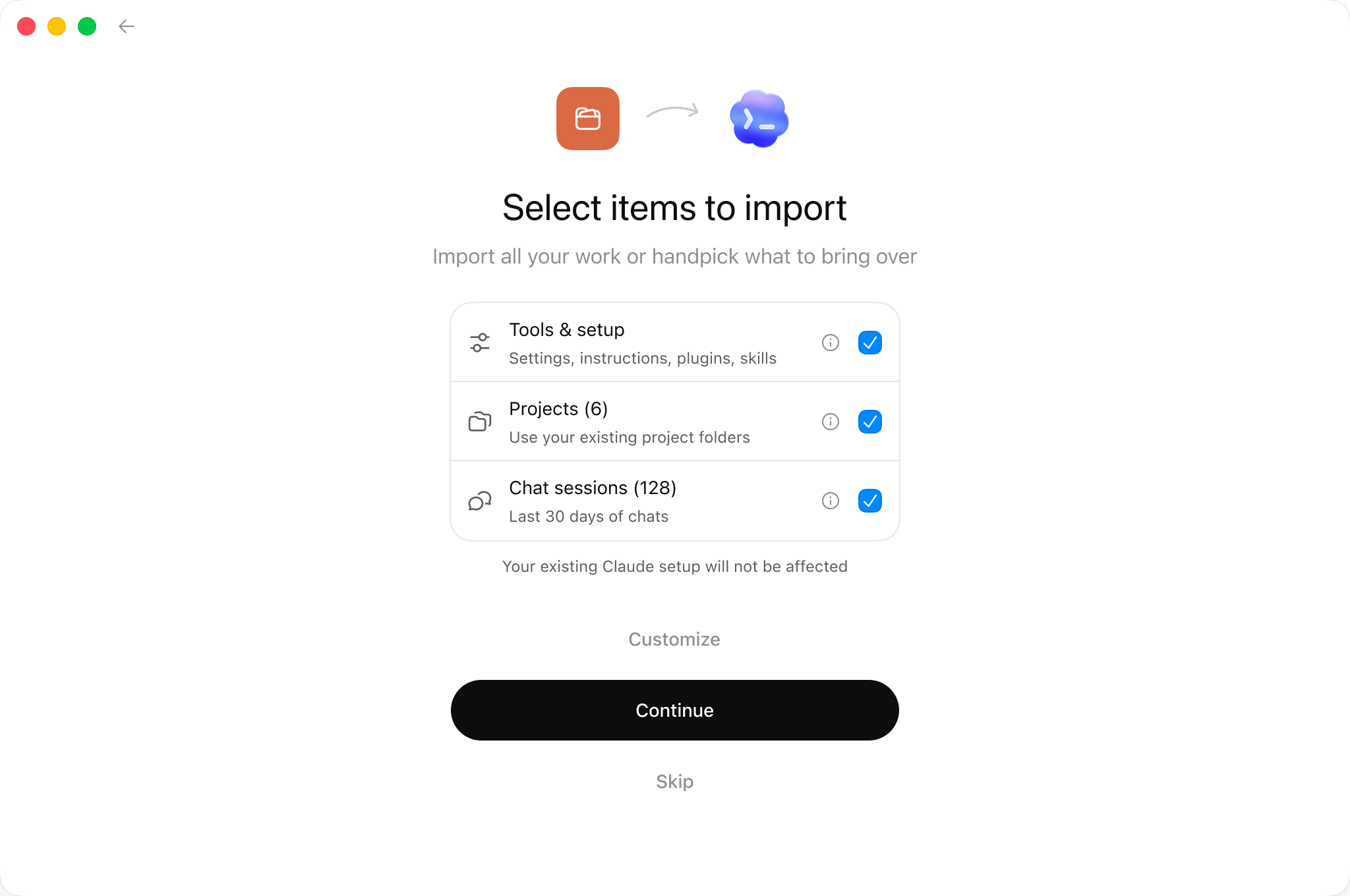 Select the setup and recent work to import into Codex