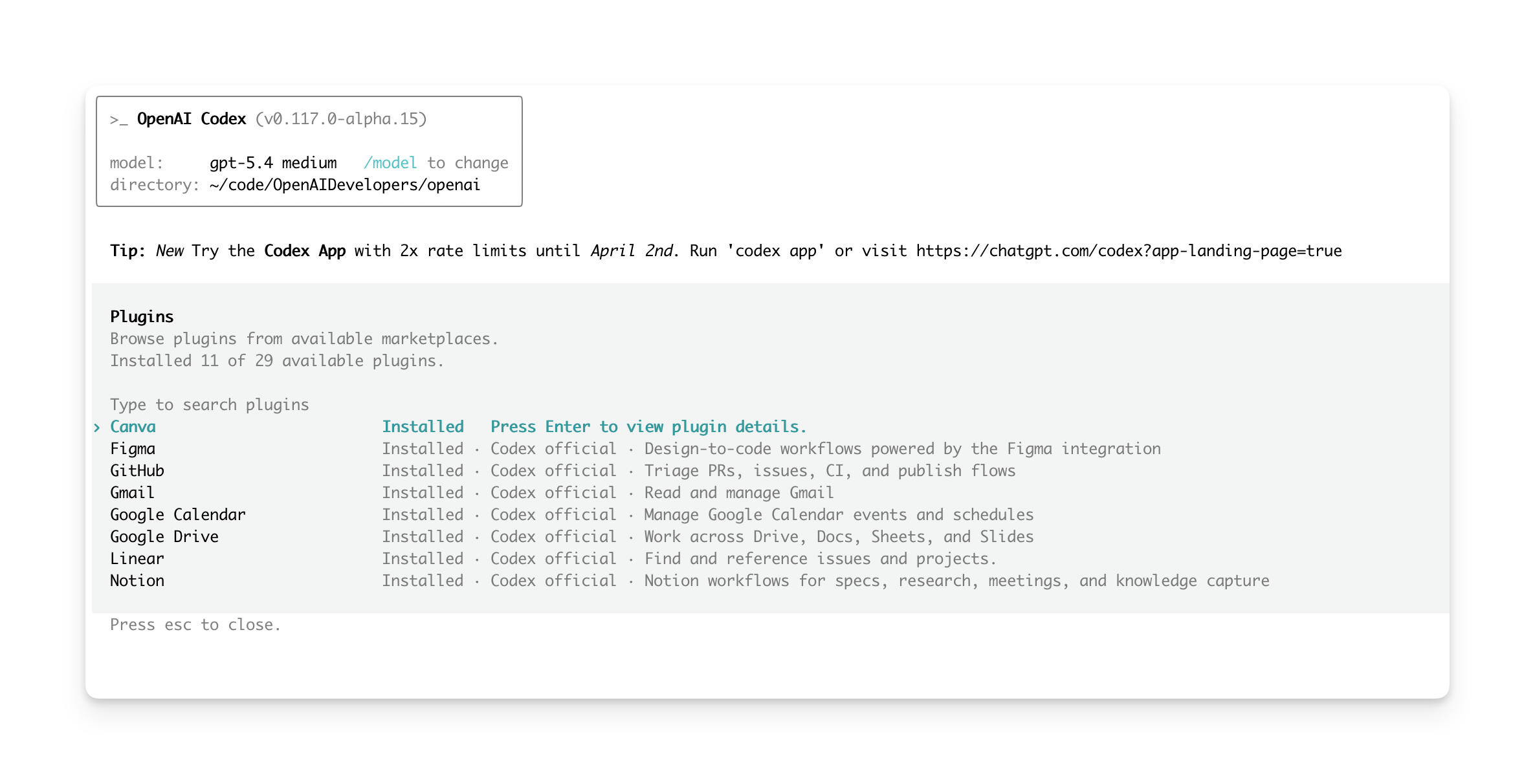 Plugin directory in Codex CLI