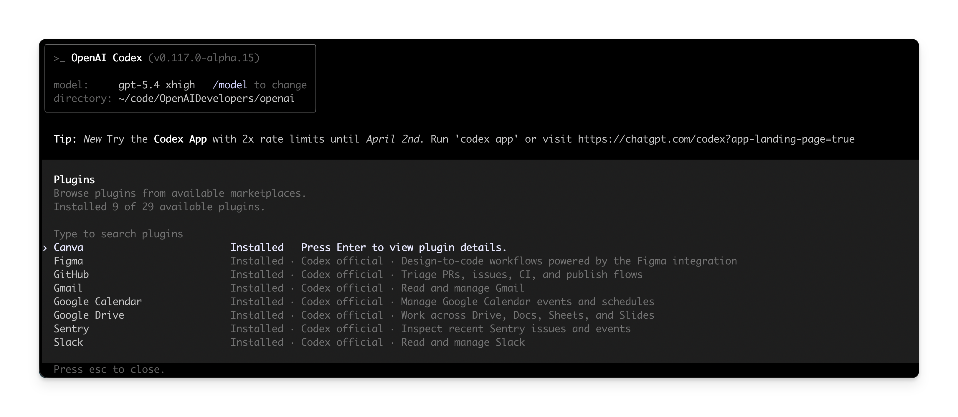 Plugin directory in Codex CLI
