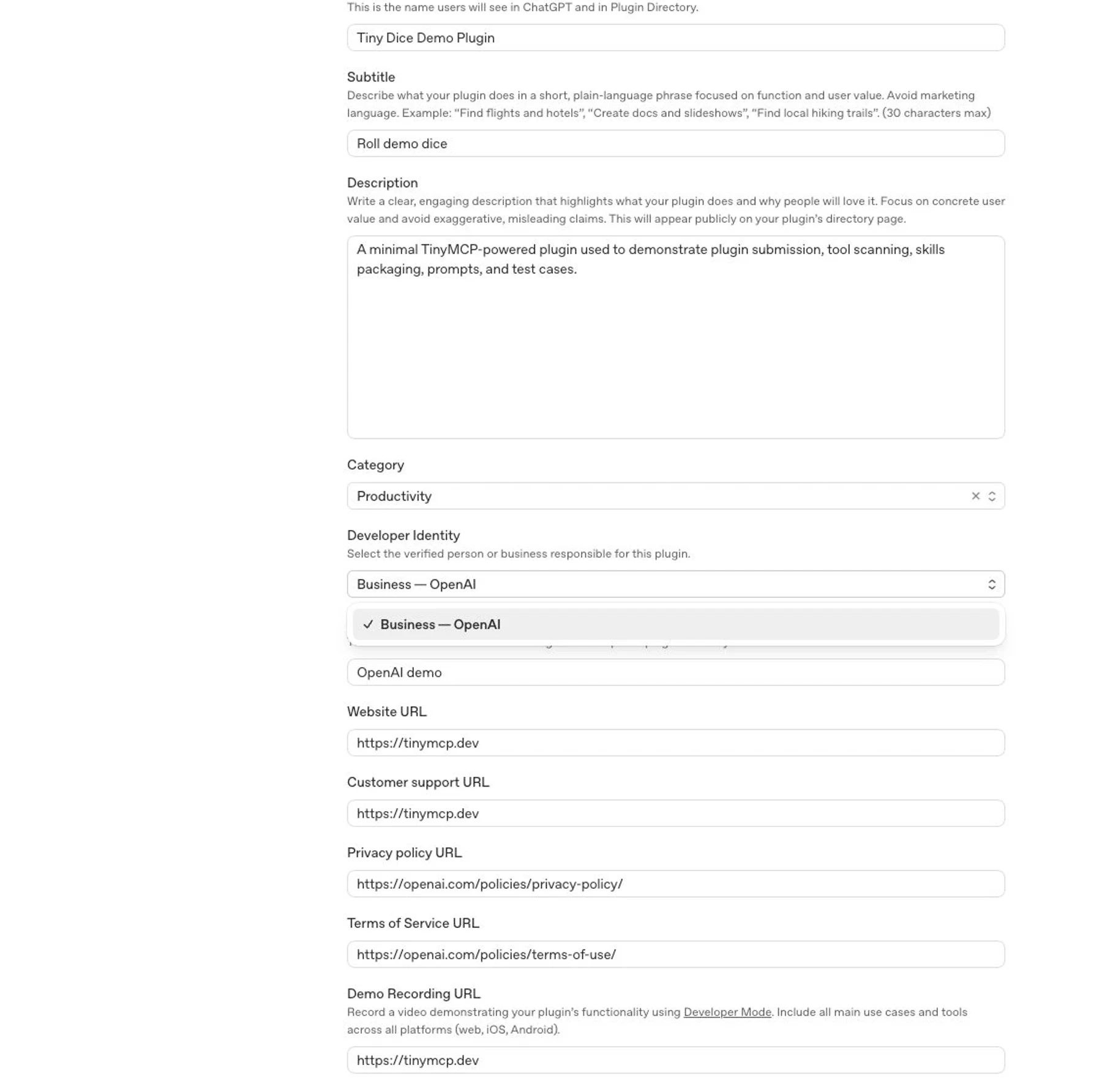 Info tab with publisher and policy URLs filled out