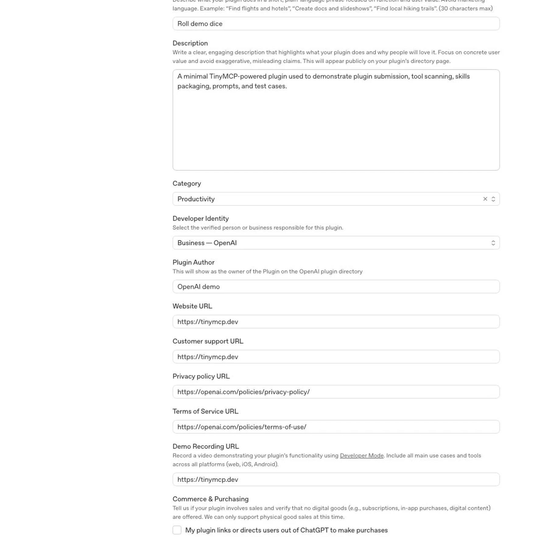 Info tab with plugin listing and developer identity fields filled out