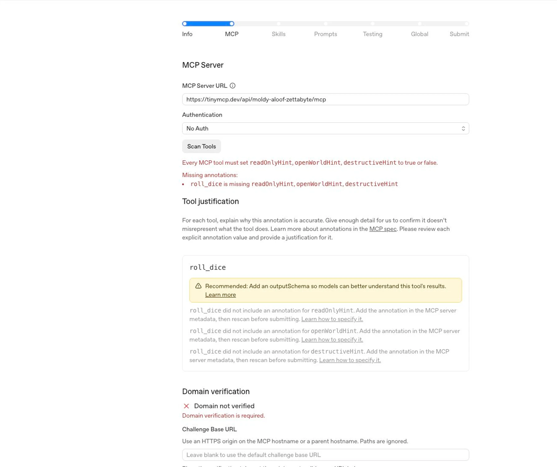 MCP tab after scanning a demo MCP server with metadata recommendations