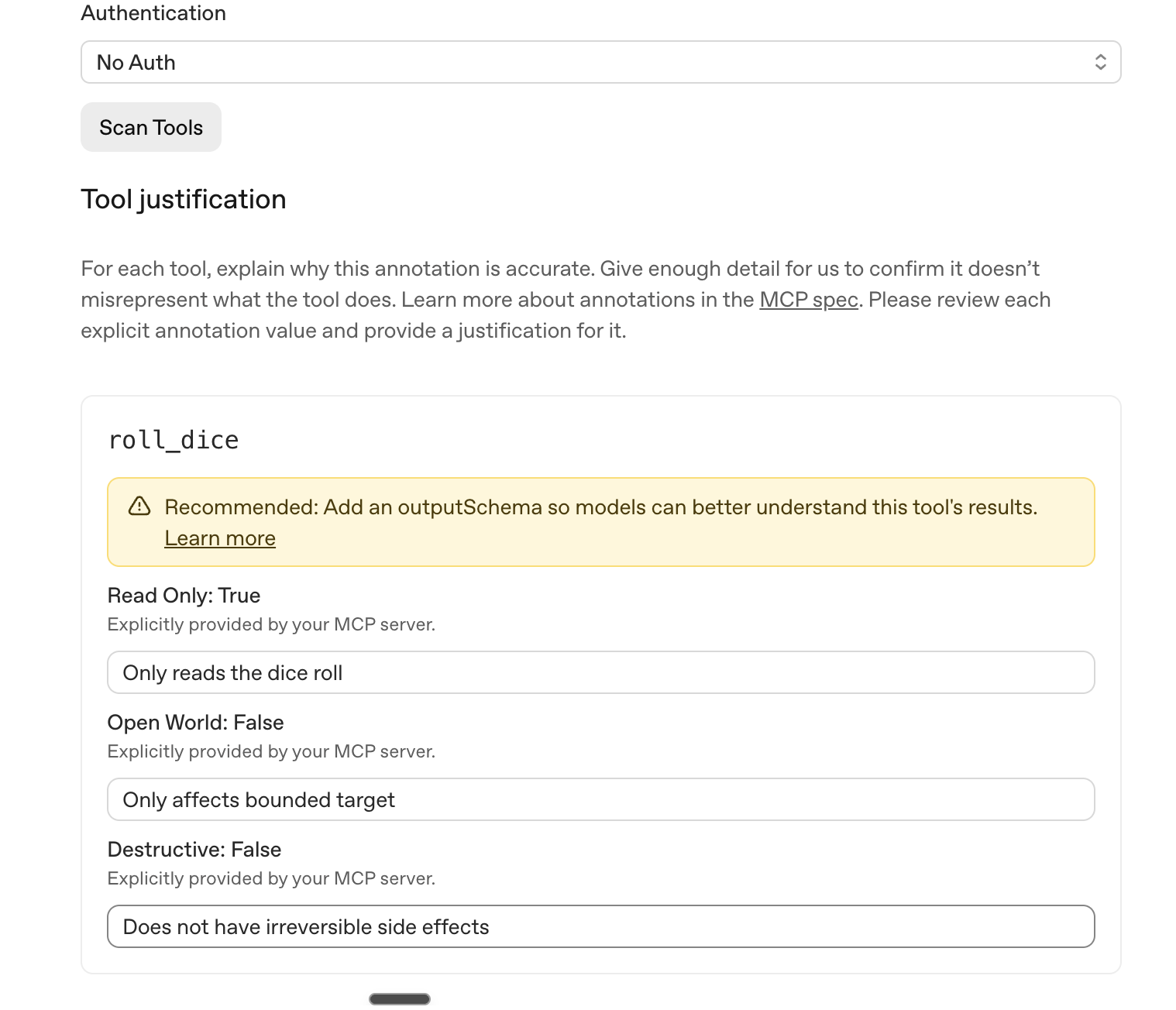 MCP tool metadata with explicit annotations and justifications