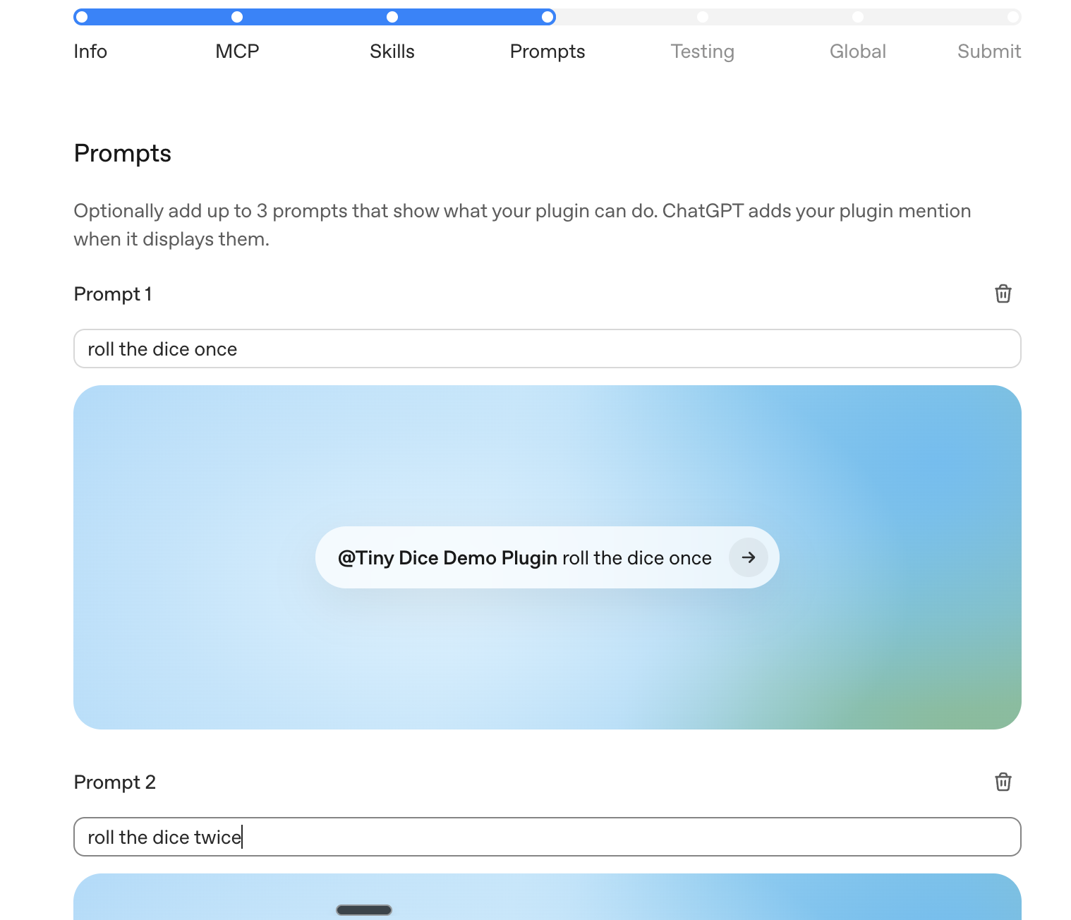 Prompts tab with example starter prompts