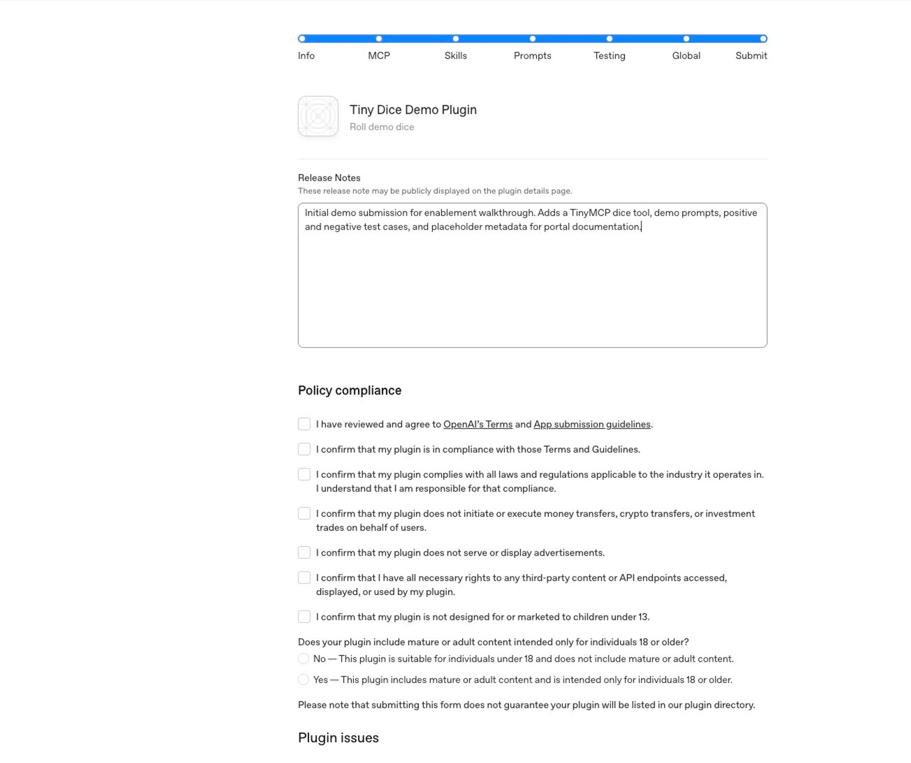 Submit tab with release notes and final attestations