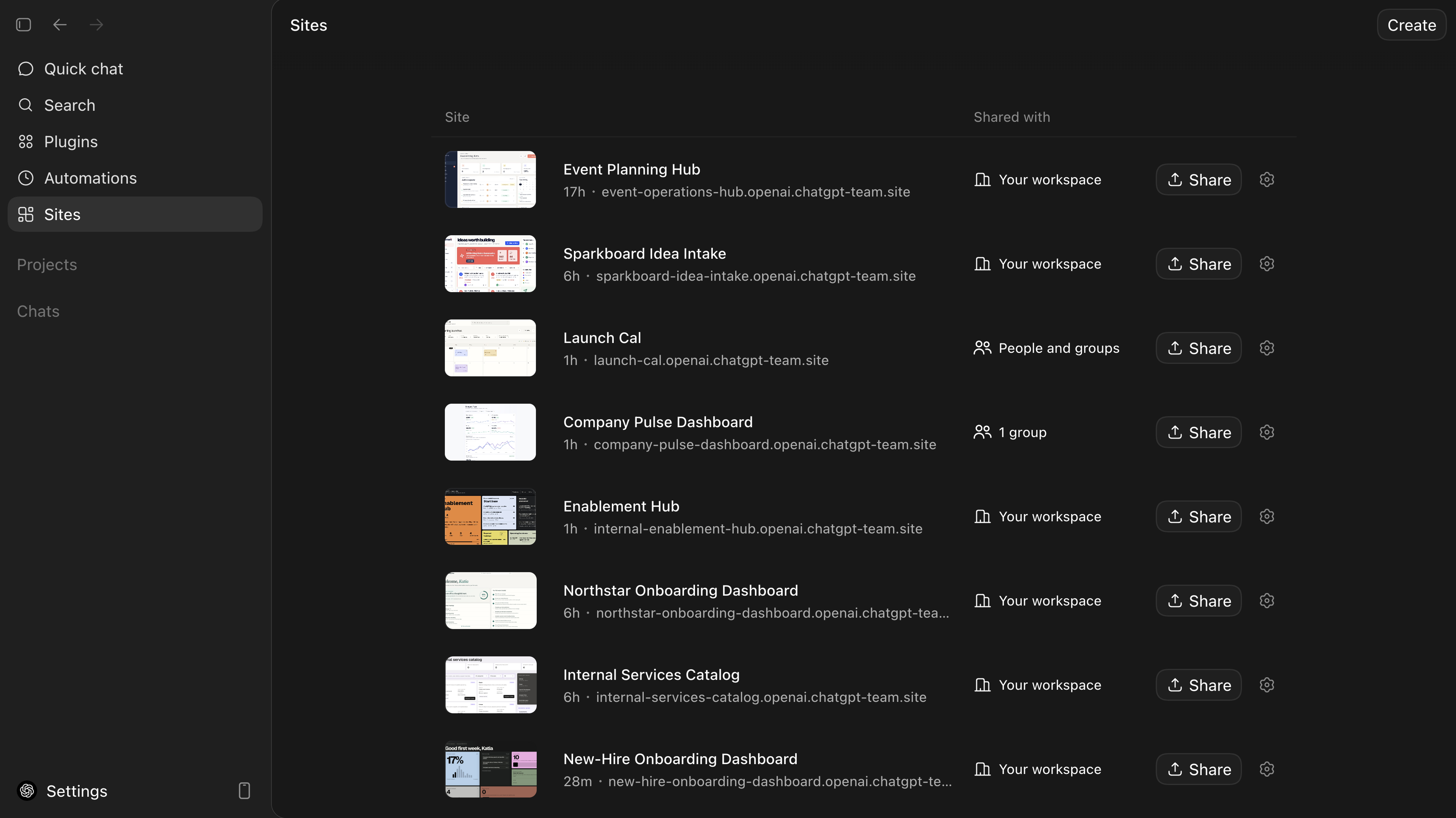 Sites project list in the Codex app