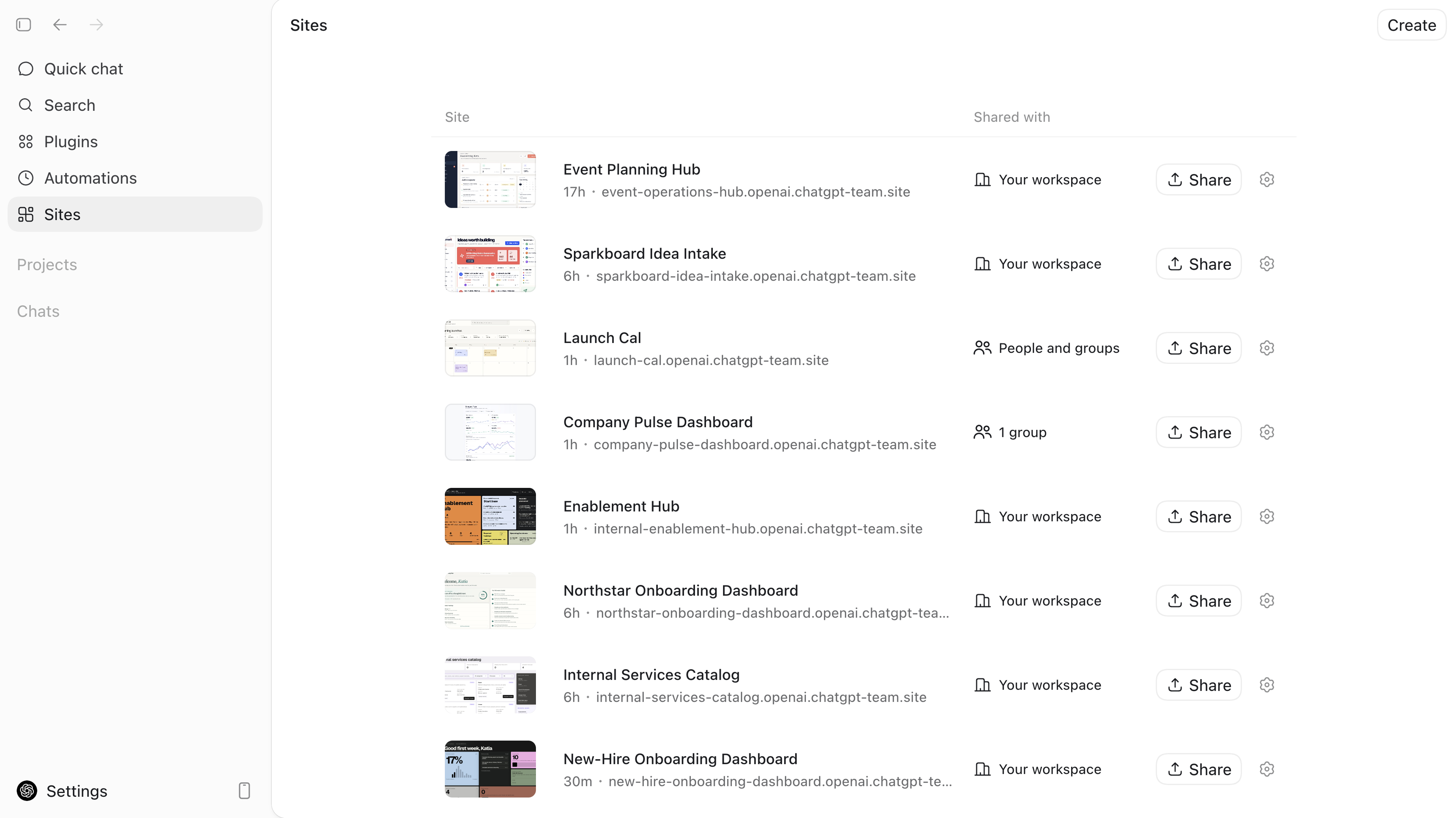 Sites project list in the Codex app
