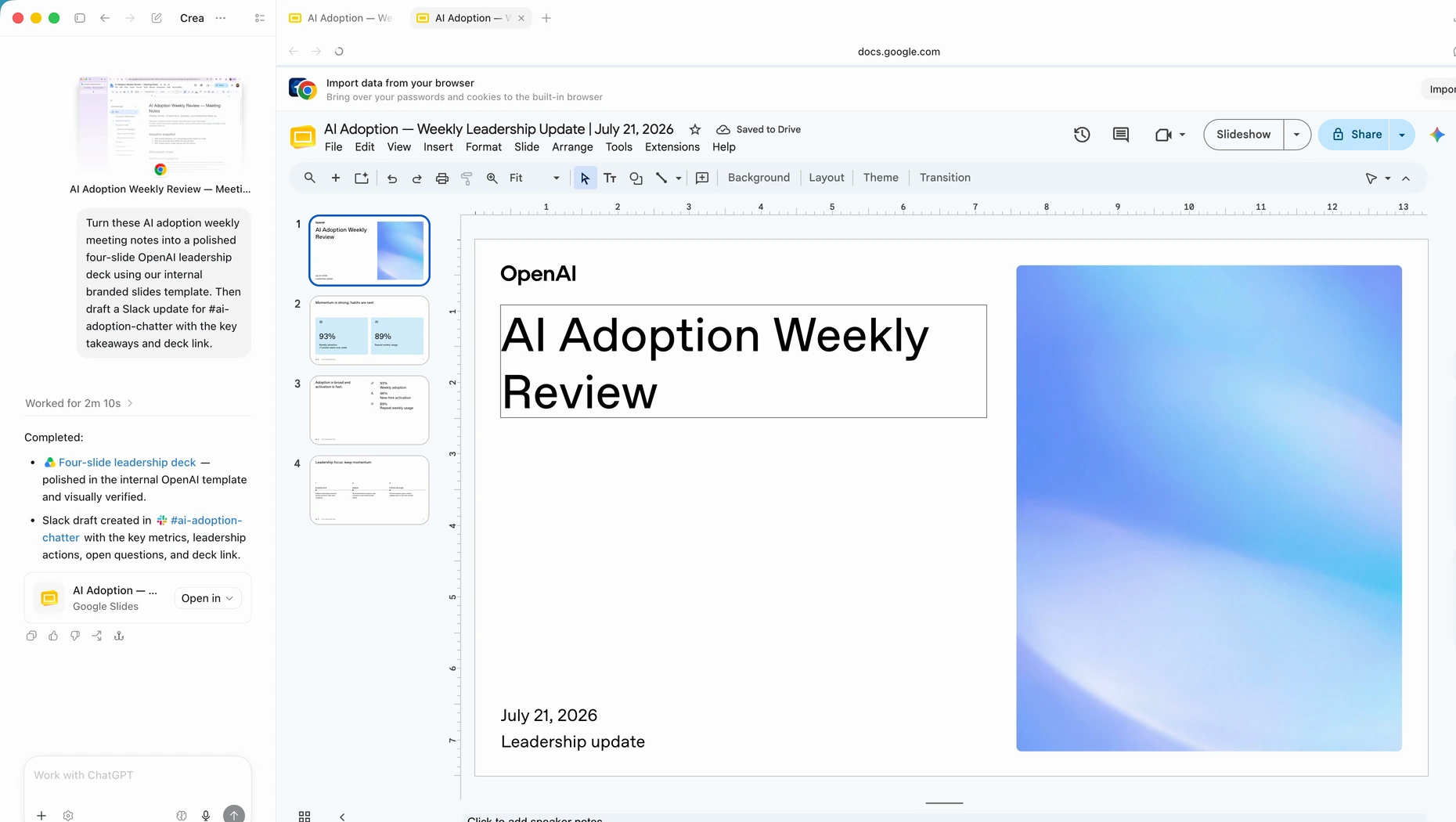 A real ChatGPT Work conversation alongside the Google Slides presentation it created