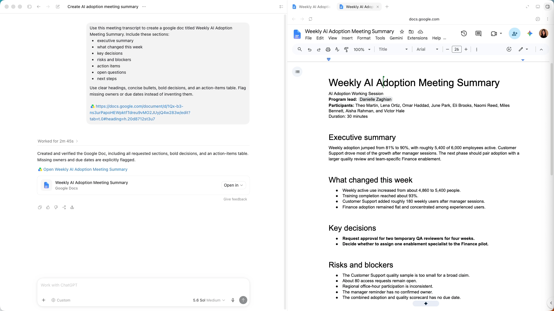 ChatGPT Work conversation alongside the Weekly AI Adoption Meeting Summary in Google Docs