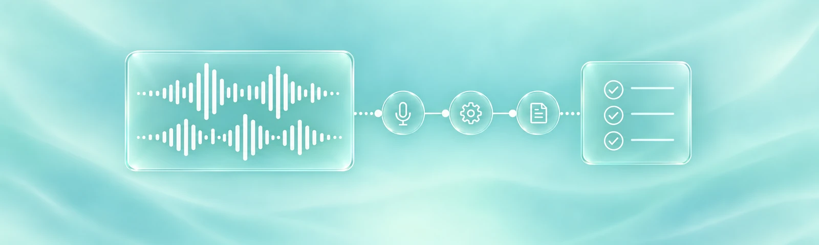 Voice waveforms, a conversation timeline, and evaluation checks.