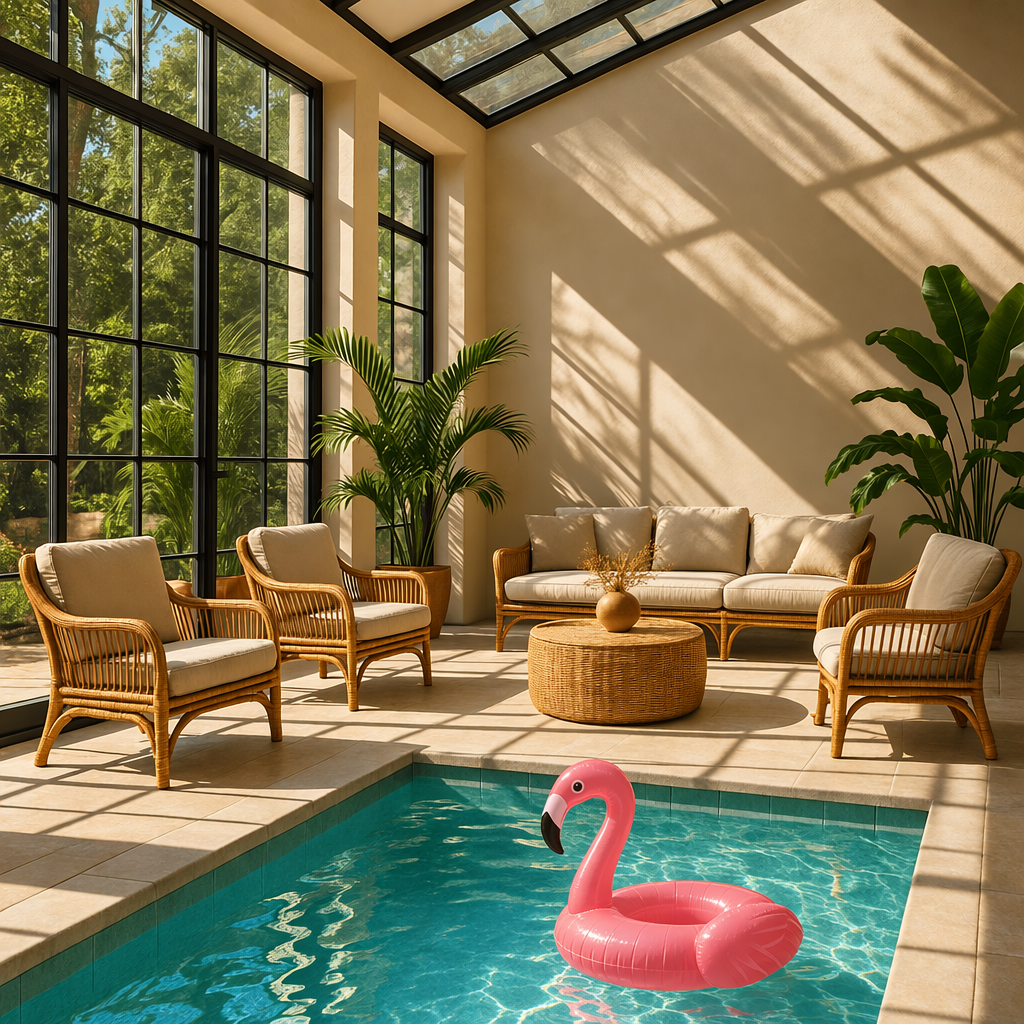 The original pool with an inflatable flamingo replacing the mask