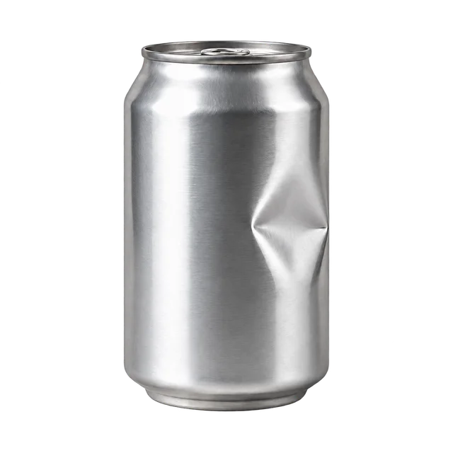 A dented silver aluminum can