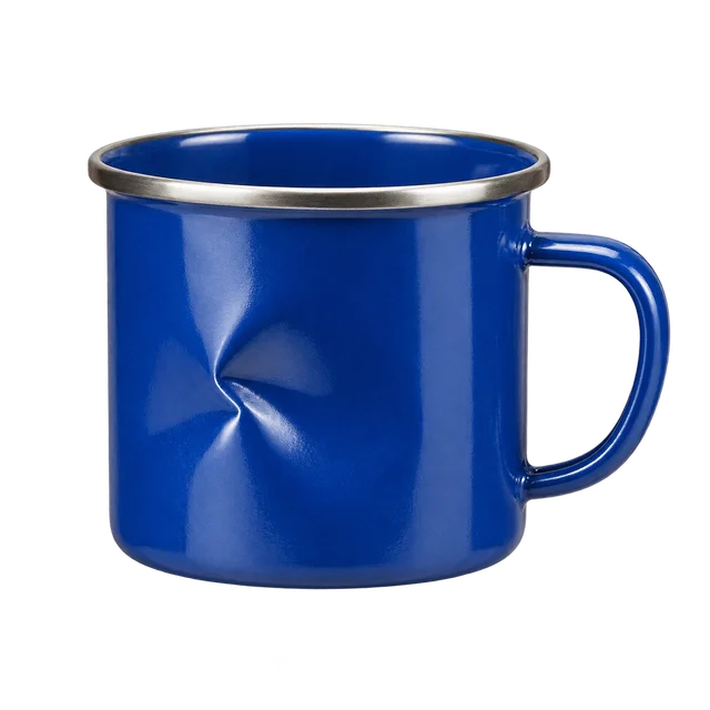 A blue camping mug with a pronounced dent