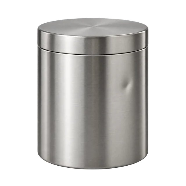 A steel storage tin with a small shallow dimple
