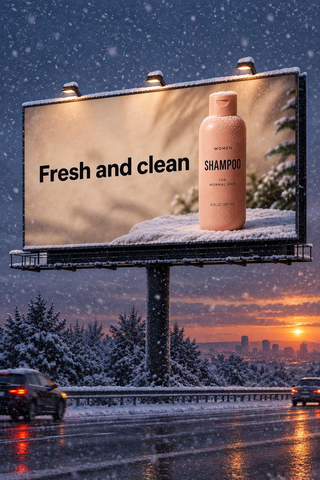 Shampoo billboard in a snowy evening scene — GPT Image 2.5 Flare