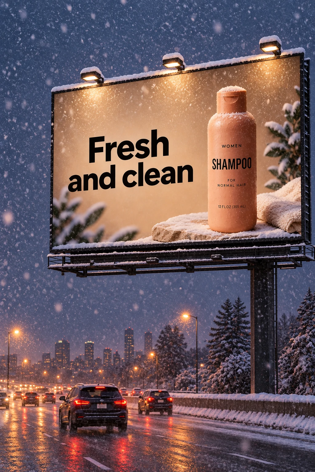Shampoo billboard in a snowy evening scene — GPT Image 2.5 Sunburst