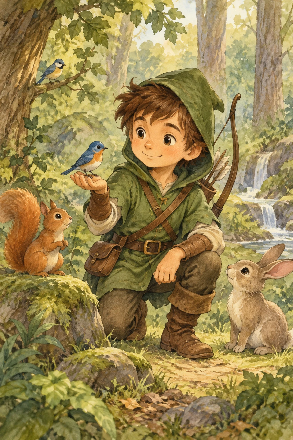 Forest hero introducing a children's book character — GPT Image 2.5 Sunburst