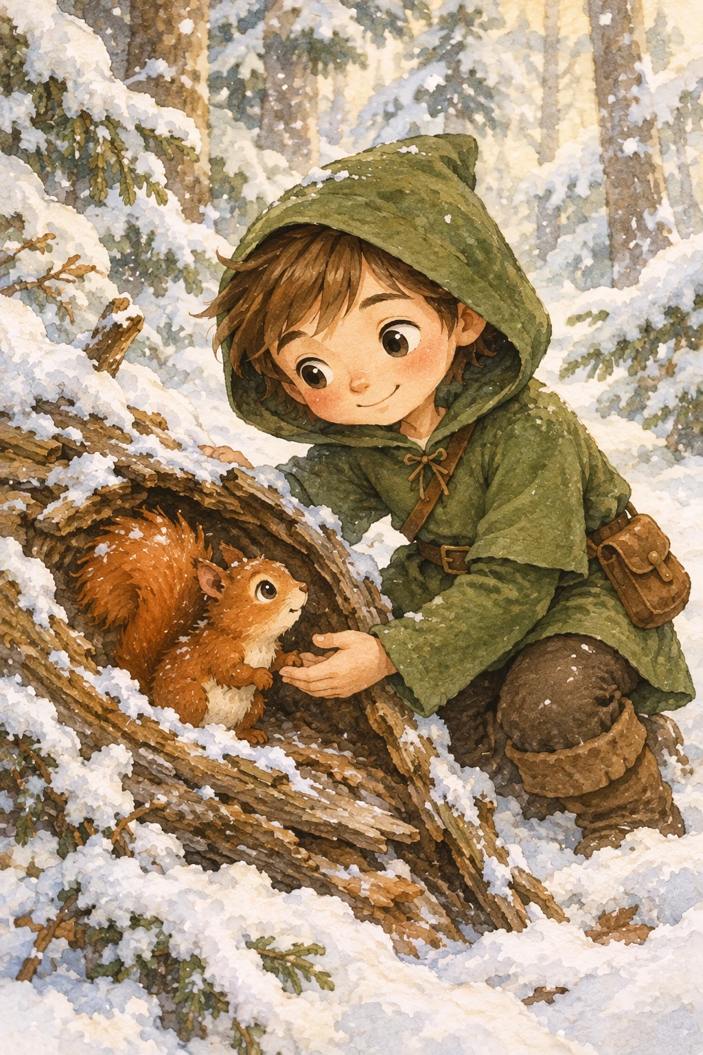 Same forest hero helping a squirrel in a winter scene — GPT Image 2.5 Flare