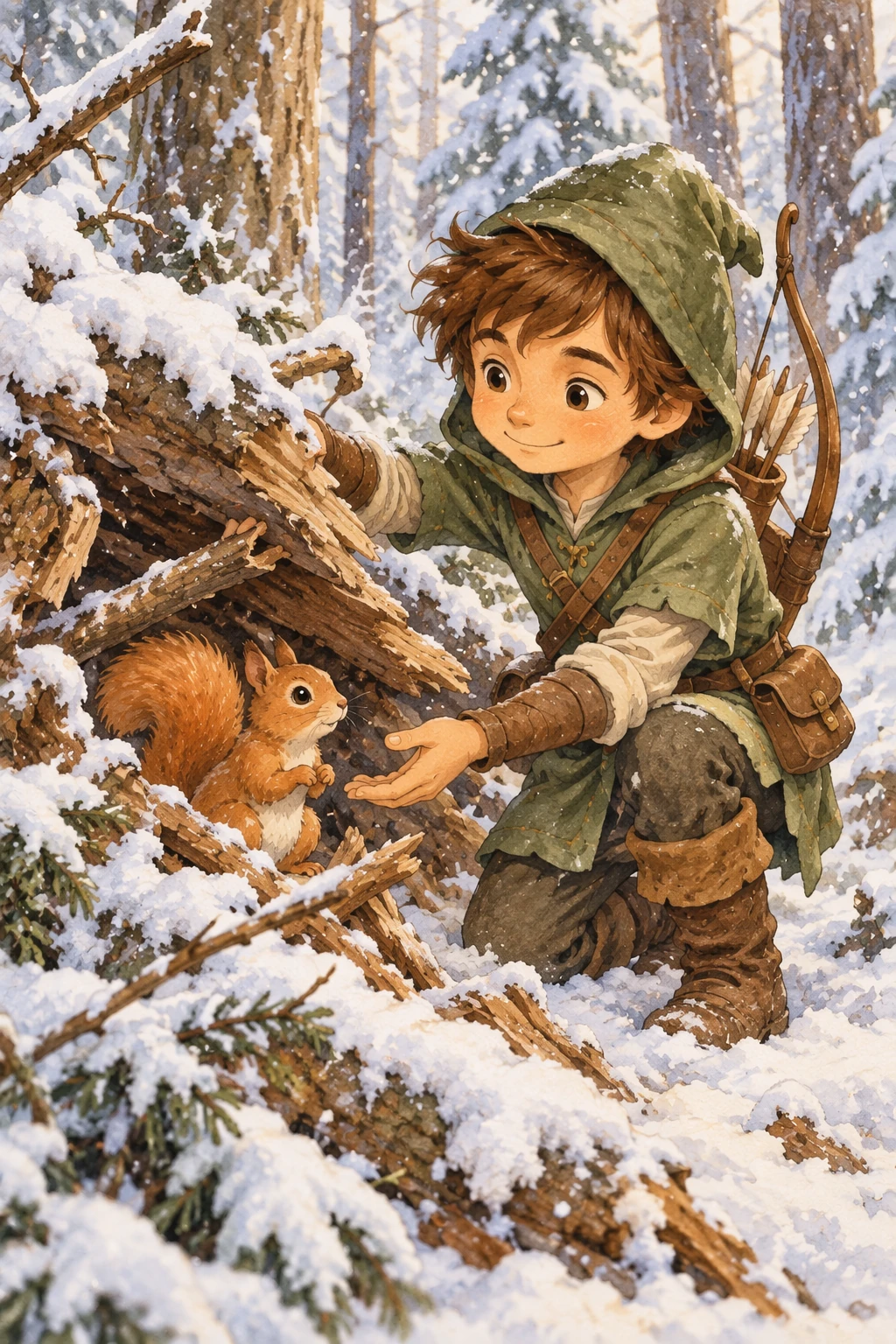 Same forest hero helping a squirrel in a winter scene — GPT Image 2.5 Sunburst