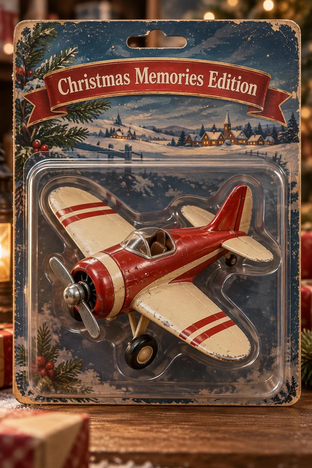 Collectible toy airplane in holiday packaging — GPT Image 2.5 Sunburst