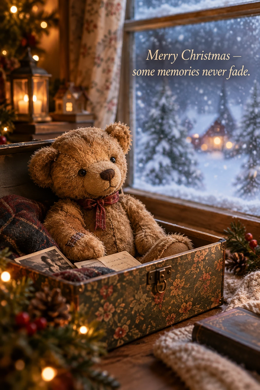 Holiday card showing a teddy bear by a window — GPT Image 2.5 Flare