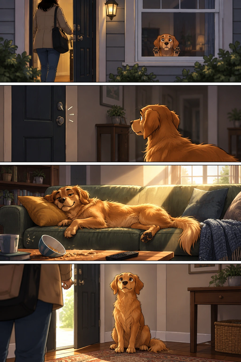 Four-panel comic about a pet at home — GPT Image 2.5 Flare