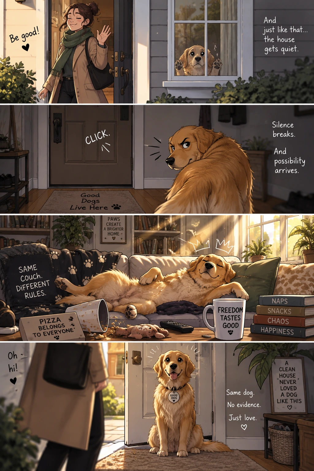 Four-panel comic about a pet at home — GPT Image 2.5 Sunburst
