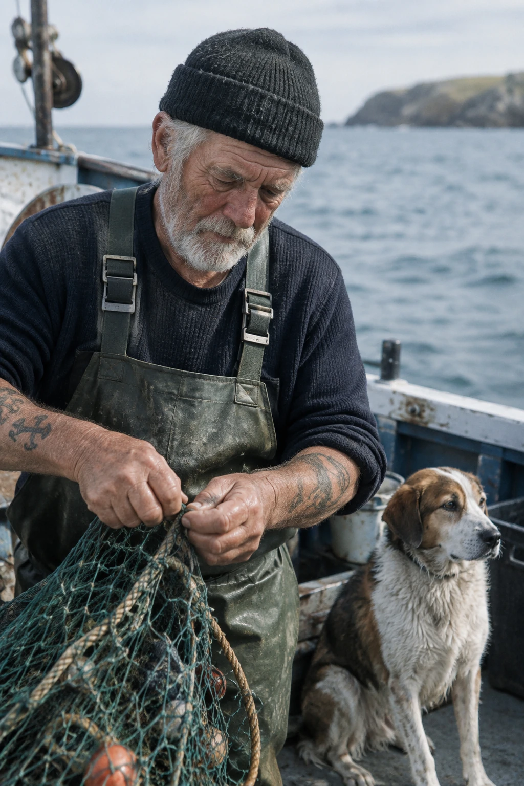 Photorealistic portrait of a sailor repairing a net — GPT Image 2.5 Flare
