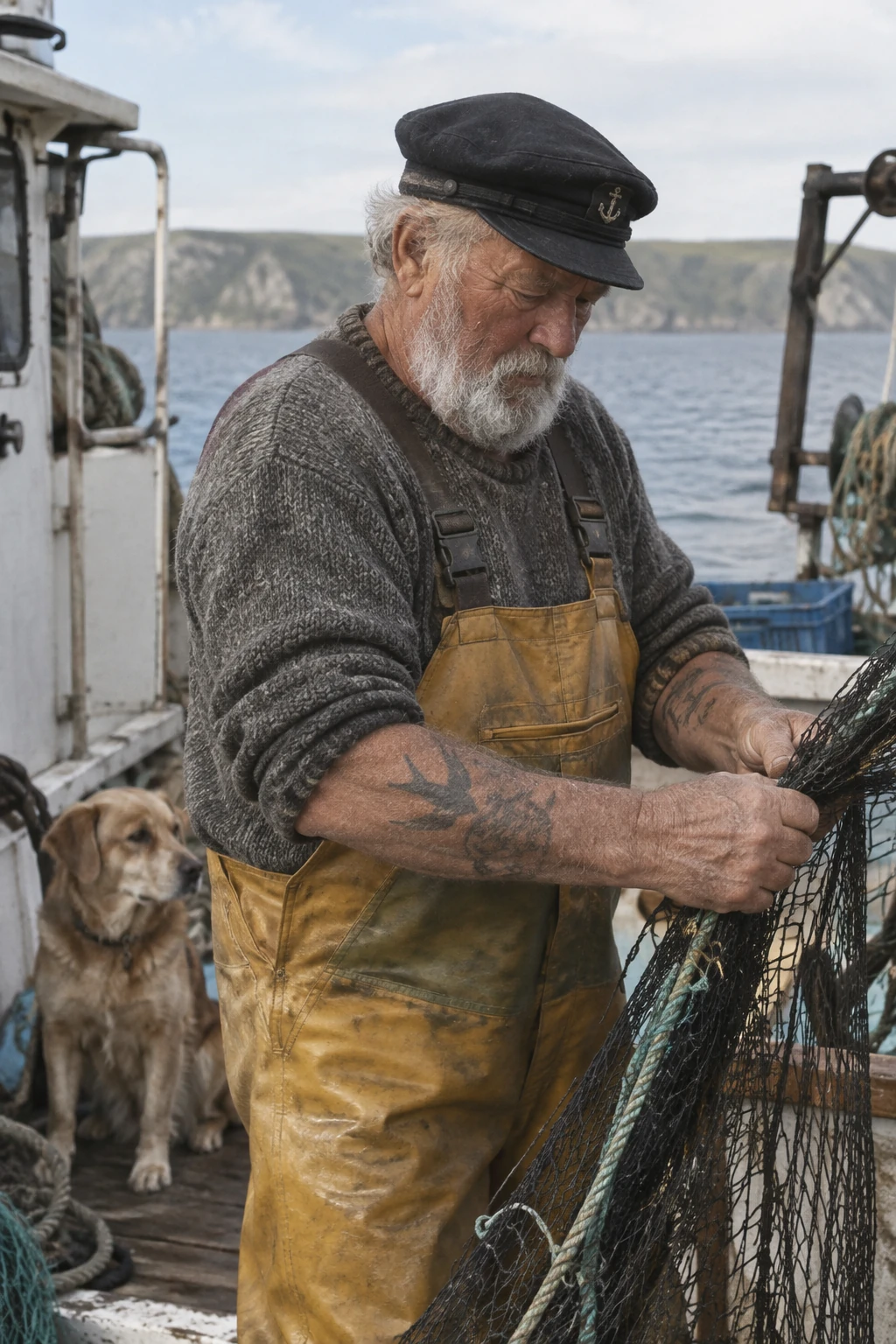 Photorealistic portrait of a sailor repairing a net — GPT Image 2.5 Sunburst