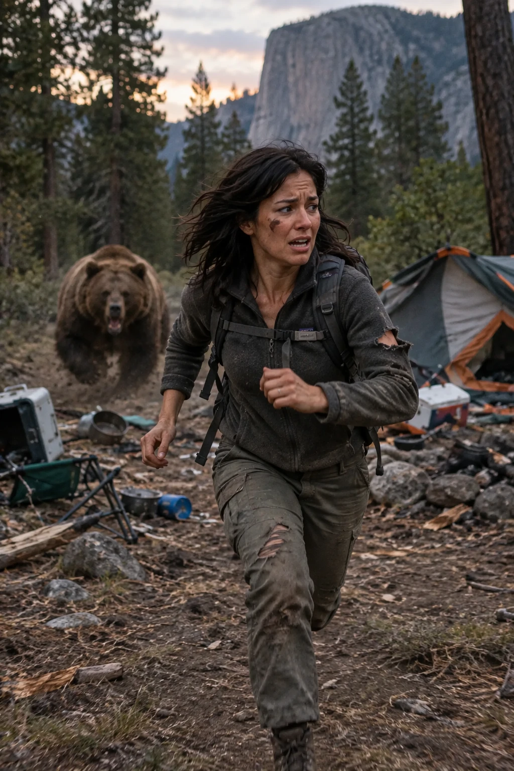 Woman running from a bear in a campsite scene — GPT Image 2.5 Flare