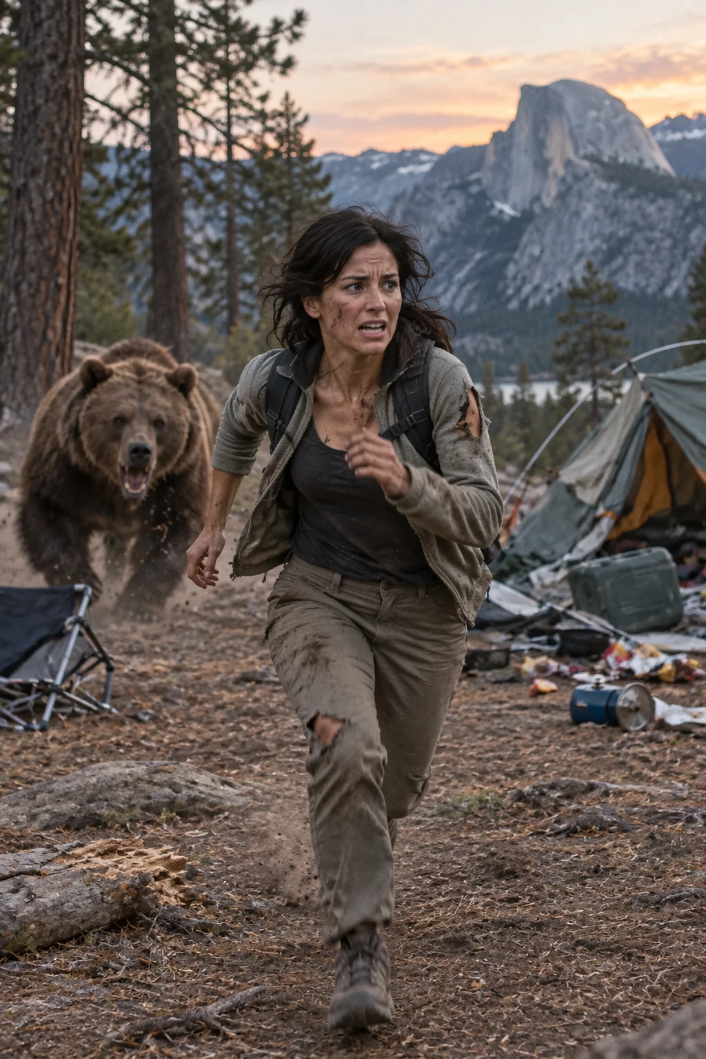 Woman running from a bear in a campsite scene — GPT Image 2.5 Sunburst