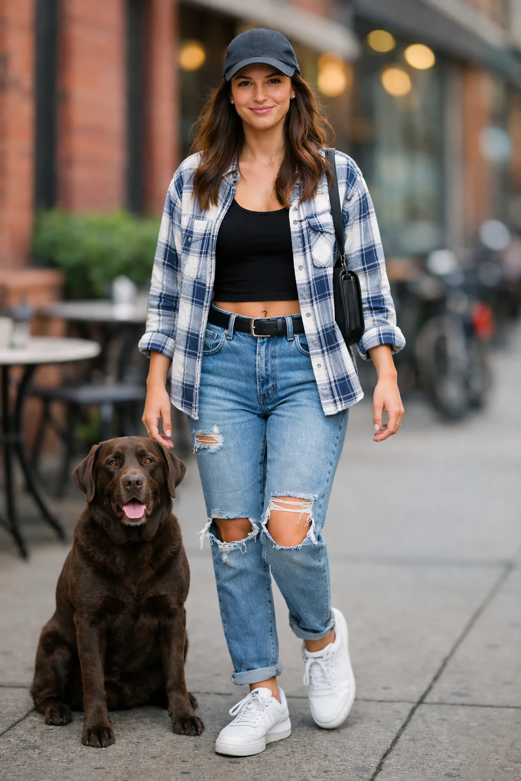 Dog placed beside the woman in the street scene — GPT Image 2.5 Flare