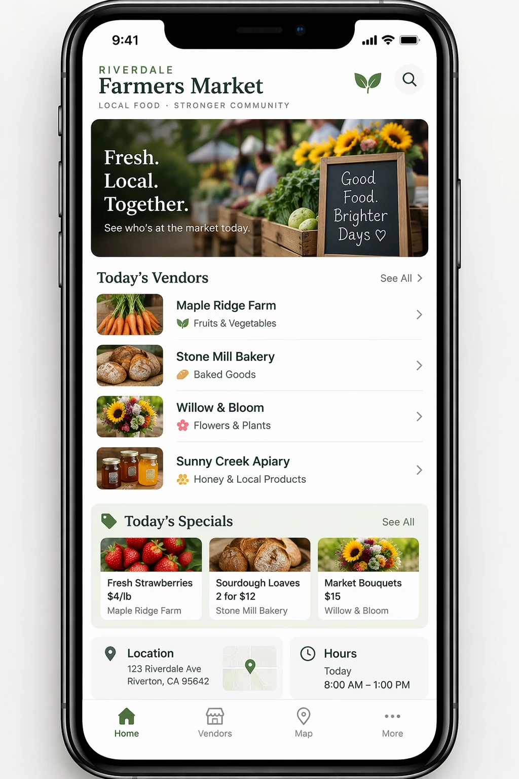 Farmers market mobile app mockup — GPT Image 2.5 Sunburst